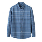 Windowpane Front Pocket Detail Long Sleeve Button-Up // Blue (3XL)