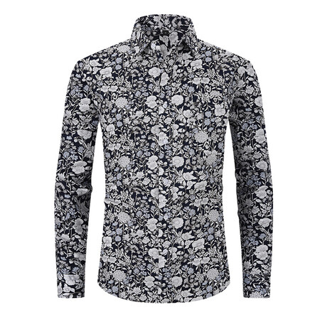 Printed Long Sleeve Button-Up // Black + Gray (XS)
