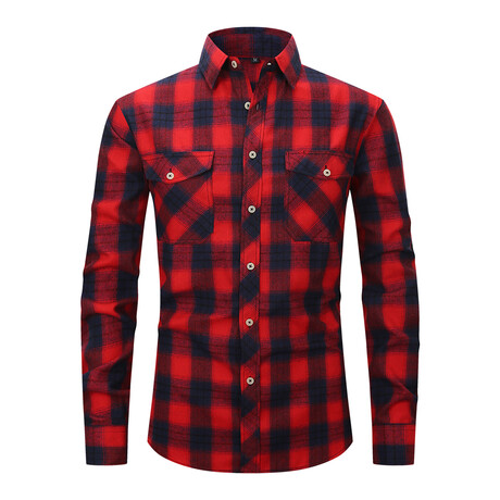 Plaid 2 Front Pocket Detail Long Sleeve Button-Up // Red + Navy (XS)