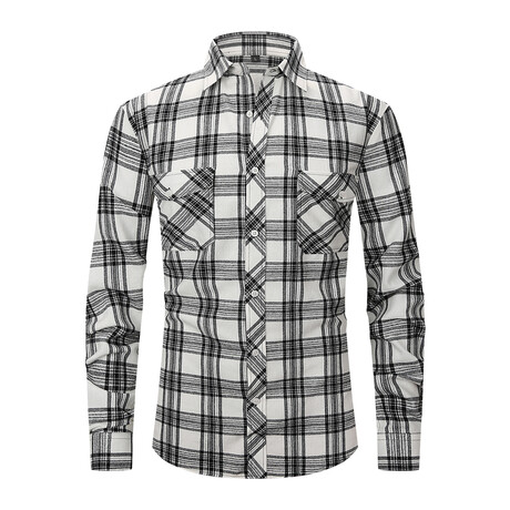 Tartan 2 Front Pocket Detail Long Sleeve Button-Up // White + Black (XS)