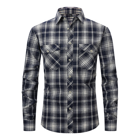 Tartan 2 Front Pocket Detail Long Sleeve Button-Up // Navy + Gray (XS)