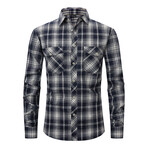 Tartan 2 Front Pocket Detail Long Sleeve Button-Up // Navy + Gray (XS)