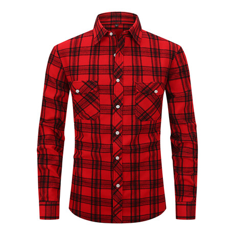 Plaid 2 Front Pocket Detail Long Sleeve Button-Up // Red + Black (XS)
