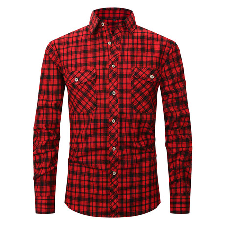 Tartan 2 Front Pocket Detail Long Sleeve Button-Up // Red + Black (XS)