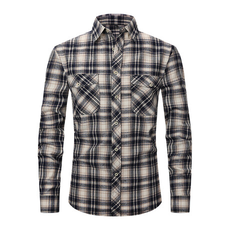 Tartan 2 Front Pocket Detail Long Sleeve Button-Up // Dark Blue + Beige (XS)