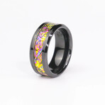 The Quantum Vein, Black Carbide Ring with Titanium Burl Dichrolam (8.5)
