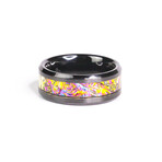 The Quantum Vein, Black Carbide Ring with Titanium Burl Dichrolam (8.5)