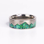 The Waking Mountain Titanium Ring, Green Fire Opals (7.5)