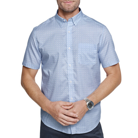 Geometric Squared Print Short-Sleeve Button-Up // Light Blue (S)