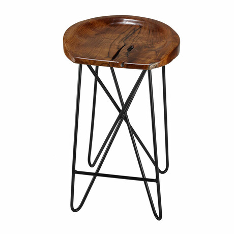 Bare Decor Aloha Backless Live Edge Teak Counter Stool with Solid Black Metal Legs, 27" Tall
