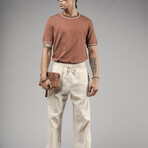 Crewneck Striped Details Knit Shirt // Brown (S)