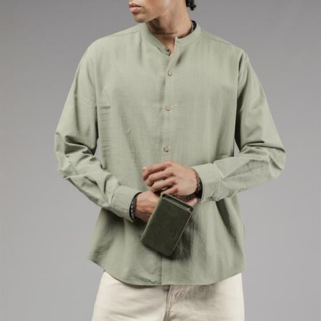 Muslin Mockneck Oversized Button-Up Shirt // Khaki (S)