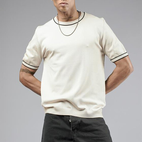 Crewneck Striped Details Knit Shirt // Off-White (S)