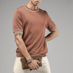 Crewneck Striped Details Knit Shirt // Brown (S)