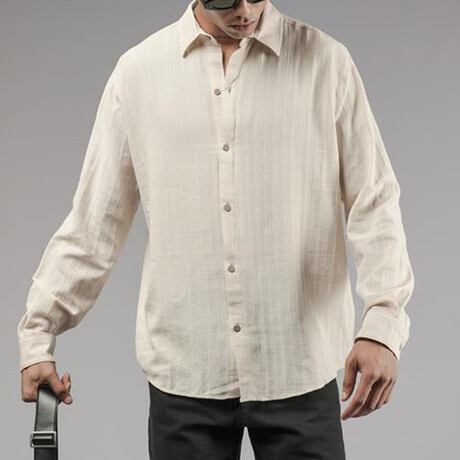 Muslin Ribbed Oversized Button-Up Shirt // Beige (S)