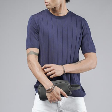 Crewneck Ribbed Knit Shirt // Navy Blue (S)