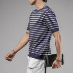 Crewneck Striped Knit Shirt // Navy Blue + White (M)