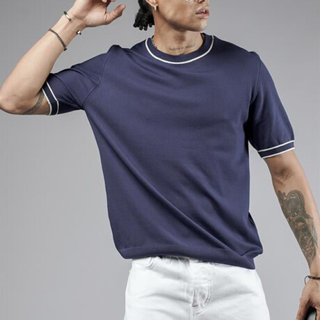 Crewneck Striped Details Knit Shirt // Navy Blue (S)