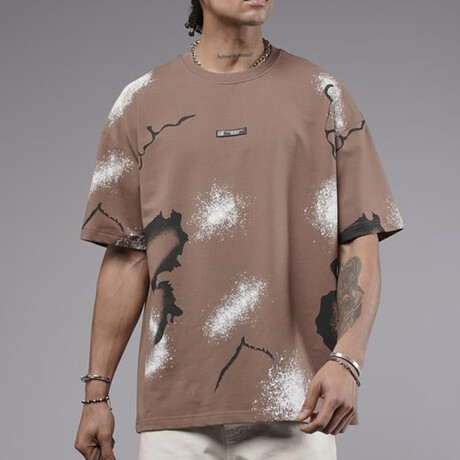 Oversized Printed Pattern Crewneck T-Shirt // Brown (S)