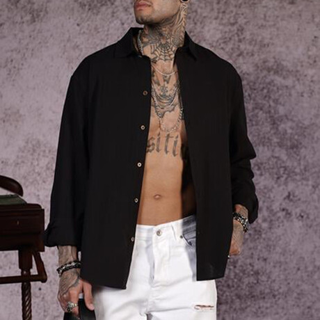 Muslin Oversized Button-Up Shirt // Black (S)