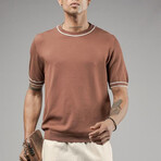 Crewneck Striped Details Knit Shirt // Brown (S)