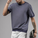 Crewneck Striped Knit Shirt // Navy Blue + White (M)