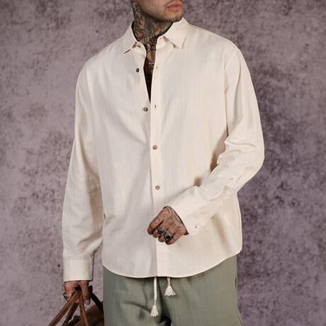 Muslin Oversized Button-Up Shirt // Beige (S)