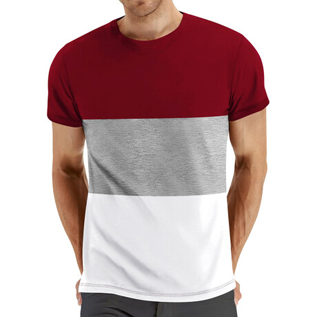Color-Block Crewneck T-Shirt // Red + Gray + White (XS)