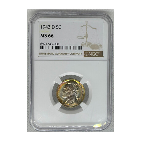 1942 D Jefferson Nickel NGC MS 66 WOLRD WAR II NICKEL with RAINBOW TONING # 008