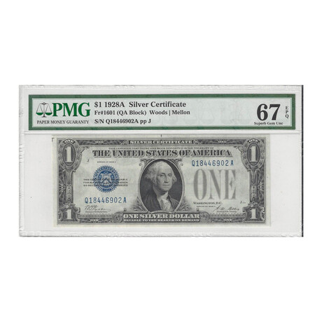 1928 A $ 1 Silver Certificate EXTREMLY HIGH GRADE PMG 67 EPQ SUPERB GEM NEW TOP OF THE POP # 902
