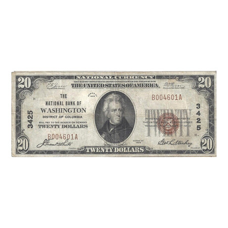 1929 $ 20 NATIONAL BANK OF WASHINGTON DISTRICT OF COLUMBIA # 601