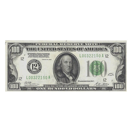 1928 $ 100 Federal Reserve Note # 12 San Francisco REDEEMABLE IN GOLD LOW SERIAL # 150