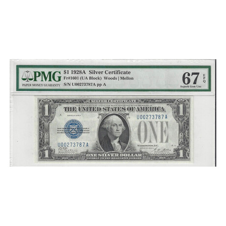1928 A $ 1 Silver Certificate PMG 67 TOP OF THE POP LOW SERIAL # 787
