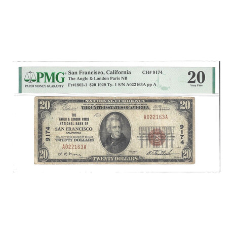 1929 $ 20 ANGLO & LONDON PARIS NATIONAL BANK OF SAN FRANCISSCO CALIFORNIA PMG 20 # 163