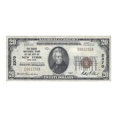 1929 $ 20 CHASE NATIONAL BANK OF THE CITY OF NEW YORK NEW YORK # 233
