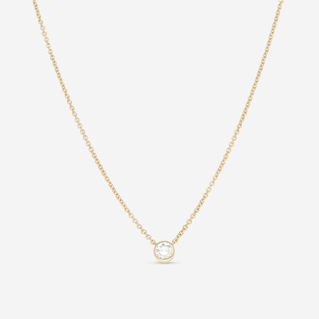 18K Yellow Gold Bezel Set Diamond Solitaire Pendant Necklace I // 16" // New