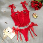 Midnight Tease Bow Corset 2 Piece Lingerie Set Red (S)
