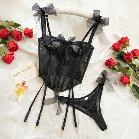 Midnight Tease Bow Corset 2 Piece Lingerie Set Black (S)