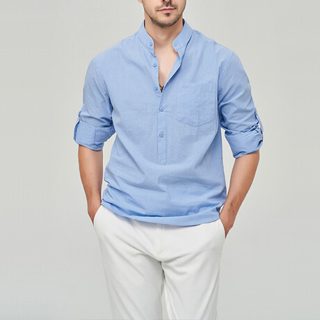 Pop-over Mandarin Collar T-shirt // Blue (XS)