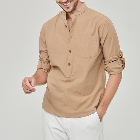 Pop-over Mandarin Collar T-shirt // Light Brown (XS)