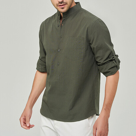 Pop-over Mandarin Collar T-shirt // Army Green (XS)