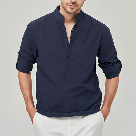Pop-over Mandarin Collar T-shirt // Navy Blue (XS)
