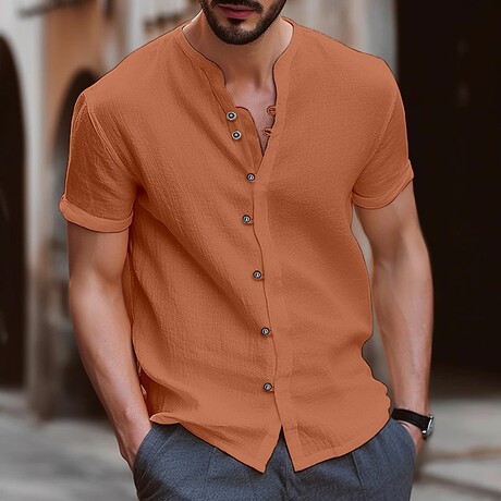 Henley Short  Sleeve Button-Down // Orange (XS)