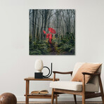 A Girl In A Red Kimono Feeds A Bird From Her Hand Print on Acrylic Glass by Ievgeniia Bidiuk (24"H x 24"W x 0.25"D)