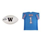 Warren Moo n// Signed Houston Oilers Jersey + Signed Washington Huskies Football