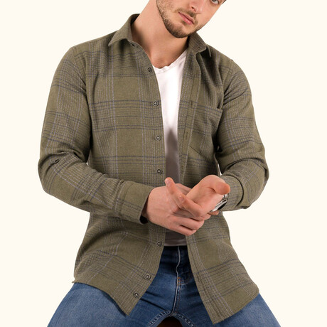 Plaid Button-Up Shirt // Slim Fit // Khaki (S)