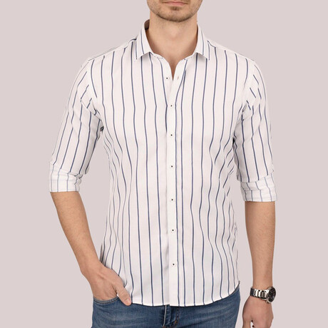 Striped Button-Up Shirt // Slim Fit // White (S)