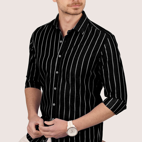 Striped Button-Up Shirt // Slim Fit // Black-White (S)