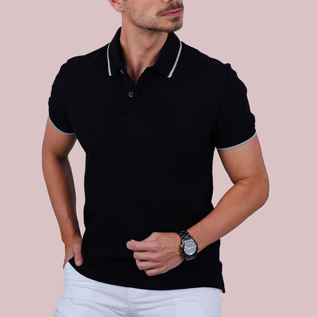 Collar-Striped Polo T-Shirt // Regular Fit // Black-Gray (M)