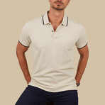 Collar-Striped Polo T-Shirt // Regular Fit // Beige-Navy (M)